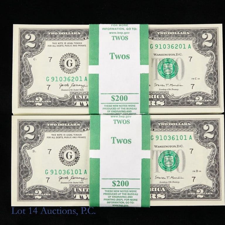 2017-A $2 Fed Reserve Notes CU Consec. S/Ns (200): (F-1941G) two hundred (200) series 2017-A $2 Federal Reserve notes - green seal Chicago (Carranza / Mnuchin) in two bank straps. $400 face value. Has consecutive serial numbers: ---G-91036101-A to G-9