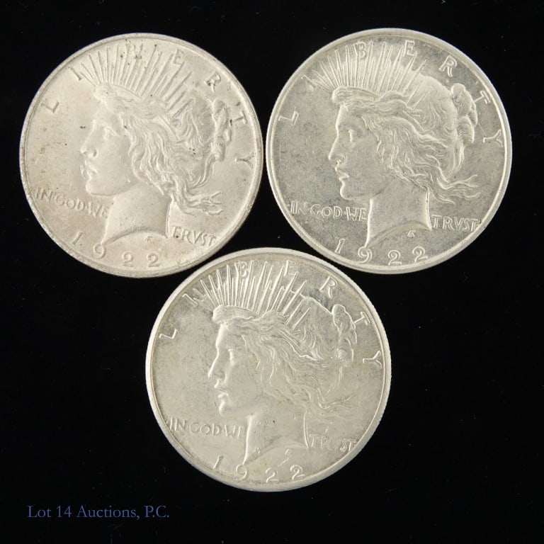 1922 P,D,S US 90%-Silver Peace Dollars, 3: Three (3) 1922 P, D & S United States 90%-silver peace dollars (Philadelphia, Denver, San Francisco Mints). Per consigner, in AU to BU condition. Silver content confirmed on Lot 14 Auctions electronic