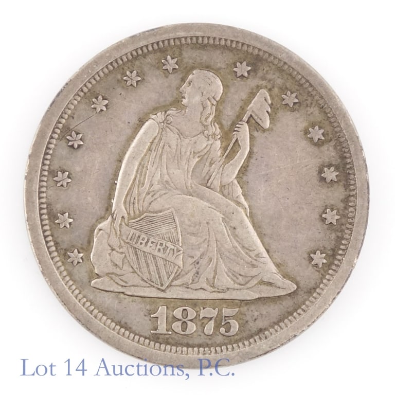 1875-S US Silver Twenty-Cent (SE R-2.7): 1875-S United States silver twenty-cent piece (San Francisco Mint). Designer is William Barber. Metal 90%-silver. Mintage is 1,155,000 with a PCGS survival estimate (SE) of 25,000 (R-2.7). Per PCGS: "