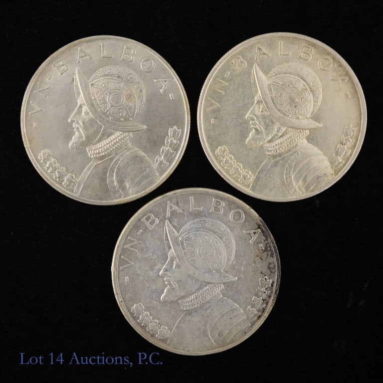 1931, 1934 & 1947 Panama 90%-Silver 1 Balboa (3): 1931 (P), 1934 (S) and 1947 (P) Republic of Panama silver un Balboa (Philadelphia and San Francisco Mints). Metal is 90% silver, weighs 26.73 grams, and diameter 38.1 mm. Silver content confirmed on L