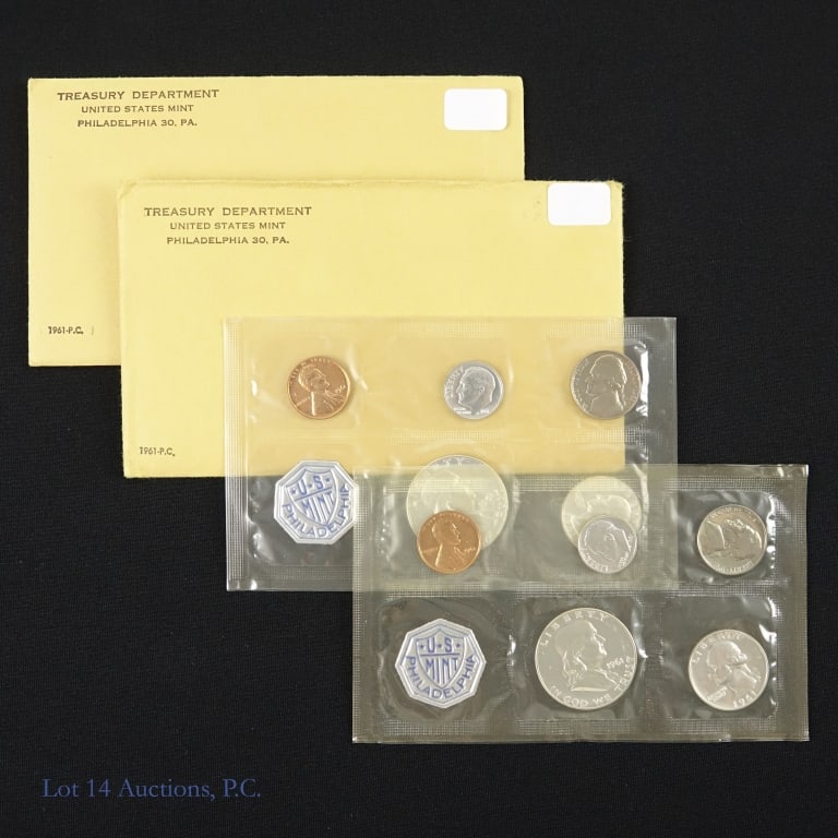 1961 (P) US Silver 5-Coin Proof Set in OGP, 2: Two (2) 1961 United States silver 5-coin proof set (Philadelphia Mint) in GP with inspection notice from the Mint. Half dollar, quarter and dime metal is 90% silver. Estimated lot ASW is 1.224 ozt. Mi