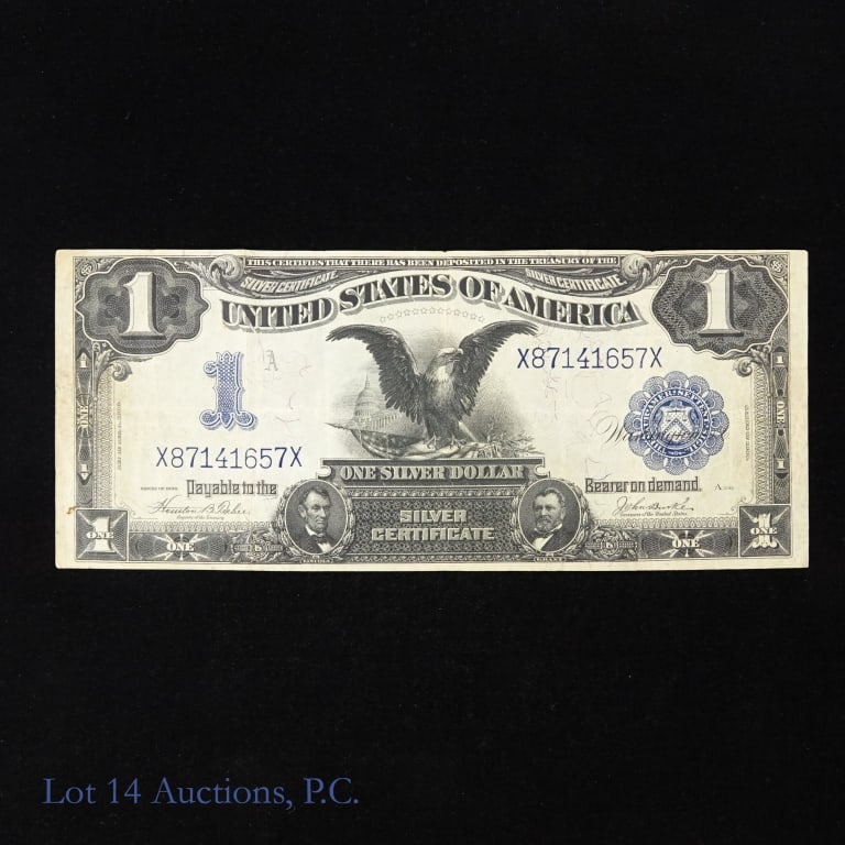 1899 US $1 Silver Certif. Blue Shield LARGE NOTE: (F-233) 1899 United States $1 silver certificate - blue seal large size (Teehee / Burke) s/n X87141657X. Very popular "black eagle note". Per consigner, a decent note in VF condition with no tears or 