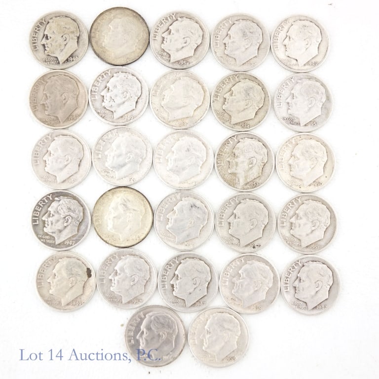 US 90%-Silver Roosevelt Dimes (ASW 1.95 Ozt), 27: Twenty-seven (27) United States 90%-silver Roosevelt dimes. Estimated actual silver weight is 1.952 troy ounces. *** Lot 14 Auctions is not a professional numismatic grading agency. Consigner descript