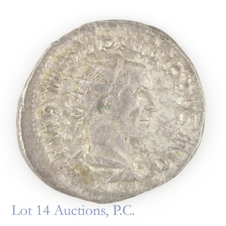 (c. 244 CE) Roman Emperor Philip I Silver Anton: (c. 244-249 CE) Roman silver one antoninianus in Distinctive Coins, Downers Grove, Ill holder. Per consigner, piece solid XF well struck centered with original surfaces. Obverse Emperor Philip I ("the