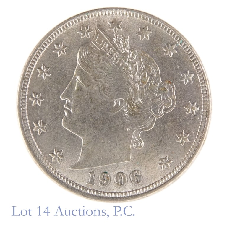 1906 US Liberty Head Nickel BU (SE R-4.5): 1906 United States liberty head nickel (Philadelphia Mint). Per consigner in BU condition. PCHS survival estimate at grades 60 or better is 2,500 (R-4.5). PCGS price guide at MS-63 is $175 to $215. **