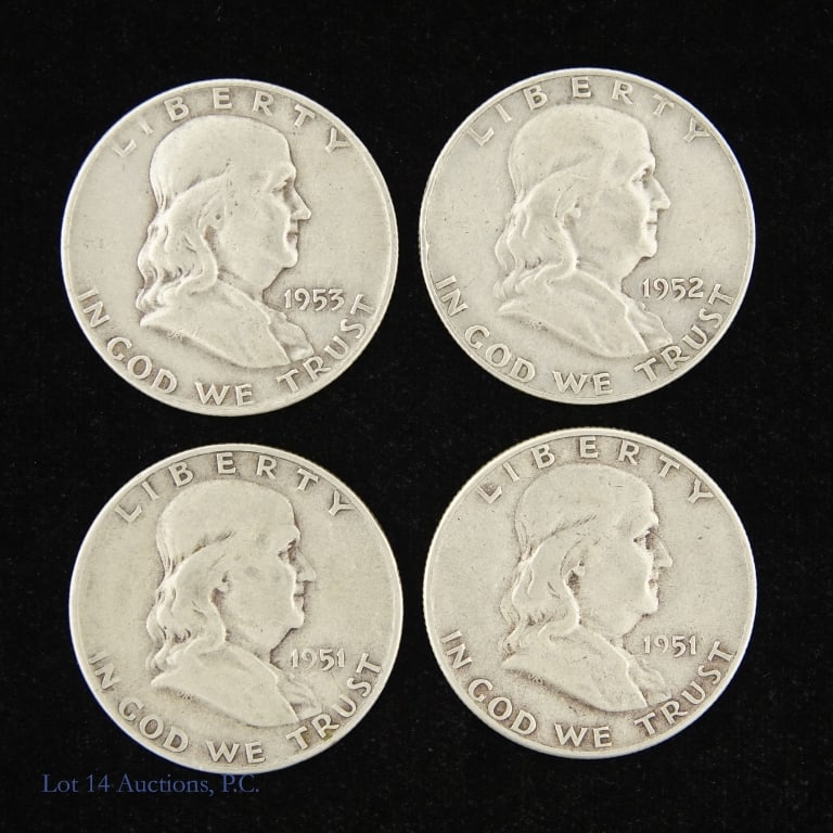 1951-1953 US Silver Franklin 50c (ASW 1.4 Ozt), 4: Four (4) United States 90%-silver Franklin half dollars (Philadelphia, Denver, San Francisco Mints) as follows: ---1951 (P), ---1951-S, ---1952-D and ---1953-D. Estimated ASW 1.4 troy ounces. *** Lot 