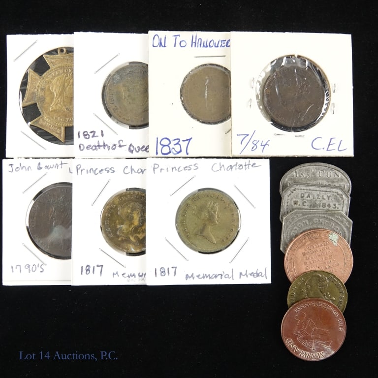 Various British Tokens & Medals (12+): More than twelve (12+) primarily British coin, tokens and medals as follows: --1790 John of Gaunt Duke of Lancaster token. Reverse: success to navigation; ---1817 Princess Charlotte memorial medal; 18