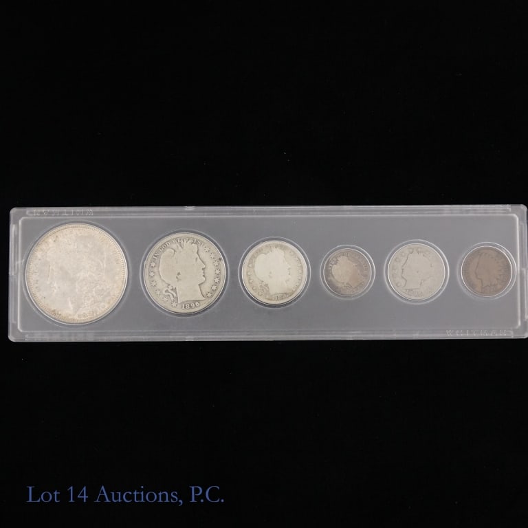 1896 (P) US 90%-Silver 6-Coin Year Set: 1896 (P) United States 90%-silver six-coin year set (Philadelphia Mint) in clear Whitman holder. Estimated ASW is 1.3 ozt. Details with PCGS survival estimates (SE) as follows: ---silver Morgan dollar