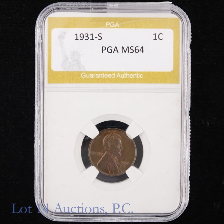 1931-S US Lincoln Wheat 1c - Key date (PGA MS64): MS64) 1931-S United States Lincoln wheat cent (San Francisco Mint), a key date. PGA slabbed MS64. Per Greysheet: "the last regular-issue, non-variety coin in the series that is categorically considere