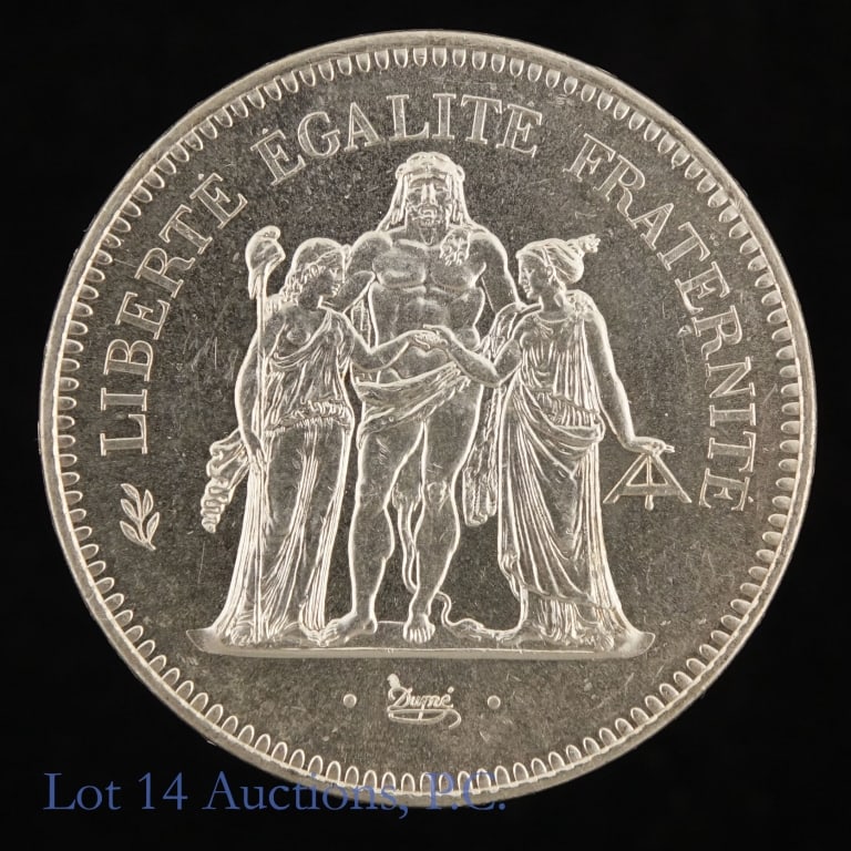 1974 France Silver Hercules 50 Francs (*P/L BU): 1974 France silver Hercules 50 francs (Monnaie de Paris). Designer Augustin Dupr?. *Per consigner, in proof-like BU condition. Metal is 90% silver (ASW 0.8682 ozt.). *** Lot 14 Auctions is not a