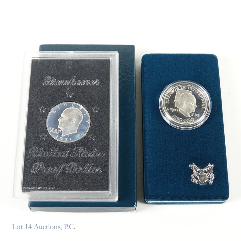 1971s & 1990 US Silver Proof IKE $1s OGP, 2: Two (2) United States silver proof Eisenhower dollars (Philadelphia, San Francisco Mints) in OGP as follows: ---1971-S 40%-silver proof IKE $1 (missing brown box); and ---1990-P 90%-silver proof IKE $