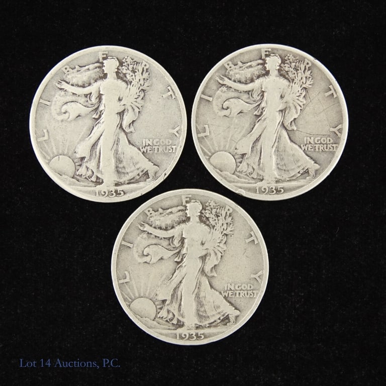 1935 P,D,S US 90%-Silver W/L 50c (ASW 1.0 Ozt), 3: 1935 P, D & S United States 90%-silver walking liberty half dollars (Philadelphia, Denver, San Francisco Mints) . Estimated ASW 1.0 troy ounces. *** Lot 14 Auctions is not a professional numismatic gr