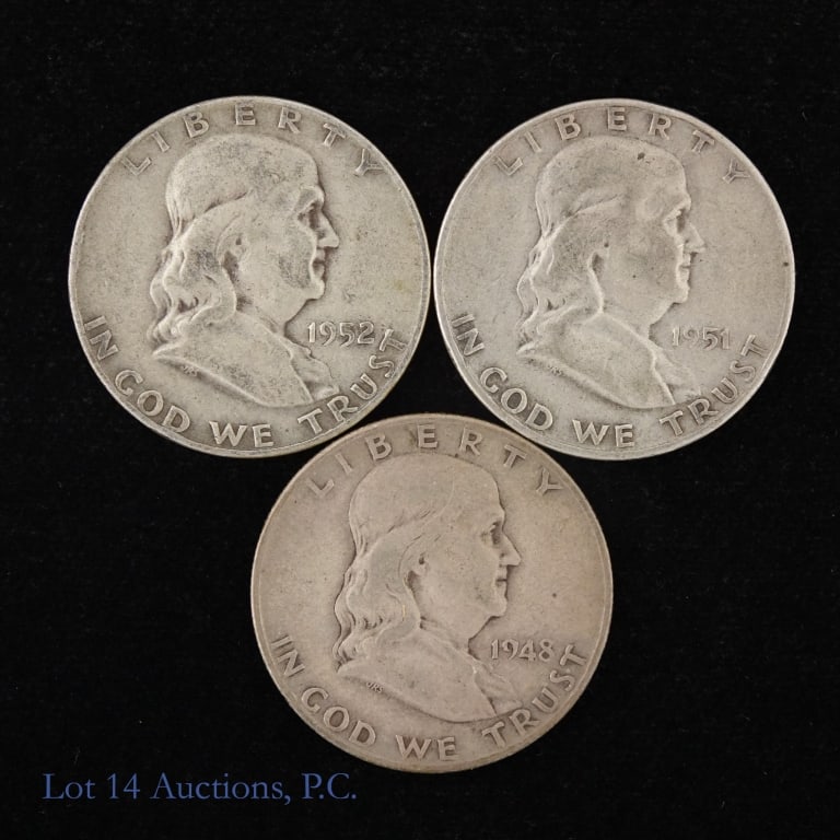 1948d, 1951d & 1952d US Silver Franklin 50c, 3: Three (3) United States 90%-silver Franklin half dollars (Denver Mint) as follows: ---1948-d Franklin 50c; ---1951-d Franklin 50c; and ---1952-d Franklin 50c. ASW +1 ozt. *** Lot 14 Auctions is not a 