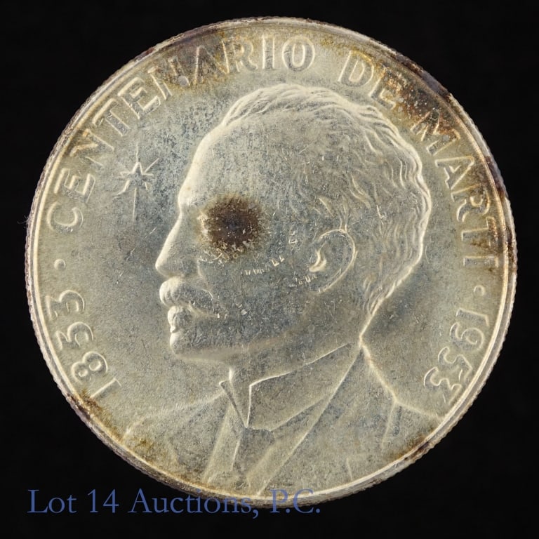 1953 Cuba Silver Jose Marti 1 Peso (ASW 0.77 Oz): 1953 Cuba silver one peso coin (Philadelphia Mint). Commemorates 100th anniversary of Jos? Marti?? birthdate. Engraver is Esteban Valderrama Pe?a. Obverse: upper central portion of the Cuban coat of a