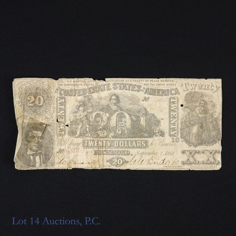 1861 Confederate $20 Note Dated 9/2/1861 (T-20): (T-20) 1861 Confederate States of America $20 note Richmond (Handcock / Bridges) dated 9/2/1861 s/n 57523. Part of the third issue dated September 2, 1861, features a vignette of three women