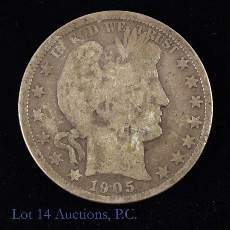 1905-O US Silver Barber 50c (SE R-4.8): 1905-O United States silver Barber half dollar (New Orleans Mint). Metal is 90% silver. Mintage is 505,000 with a PCGS survival estimate (SE) of 1,500 (R-4.8). *** Lot 14 Auctions is not a professiona