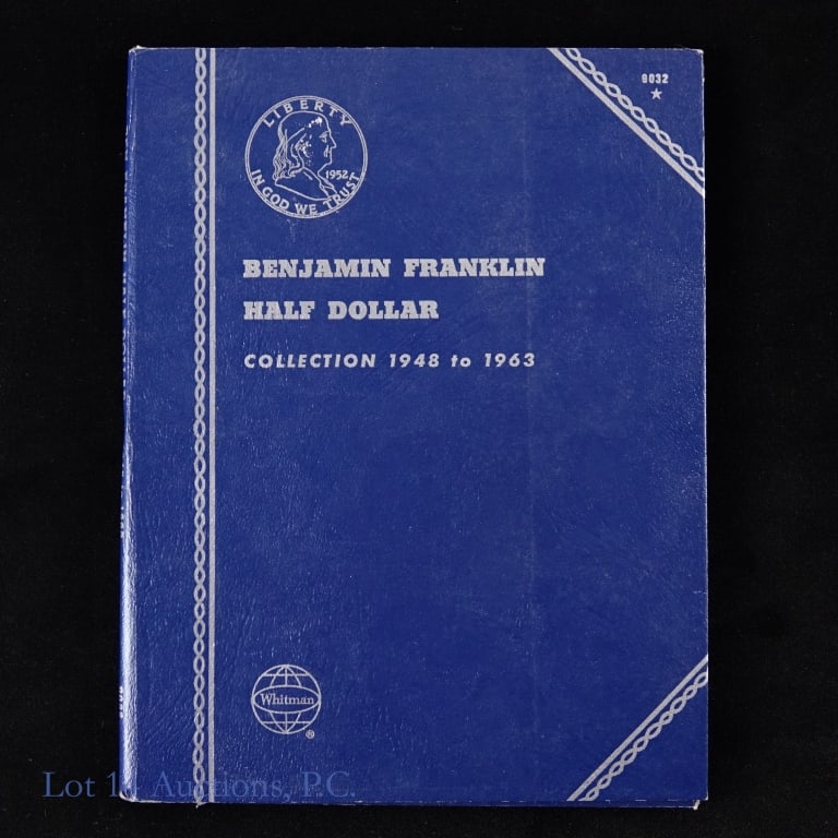 1949 - 1963 US Silver Franklin Half Dollars (35): Complete set of thirty-five (35) United States silver Franklin half dollars (Philadelphia, Denver, San Francisco Mints) in blue Whitman folder. Metal 90% silver. Estimated lot actual silver weight is 