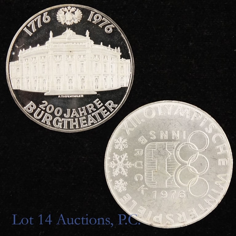 1974 &1976 Austria Silver 100 Schilling, 2: Two (2) Austria silver 100 schillings as follows: ---(1974) silver XII Olympics Innsbruck 100 schilling in CH BU condition (ASW 0.4907 ozt.); and ---1976 silver Burgtheater Anniversary 100 schilling (