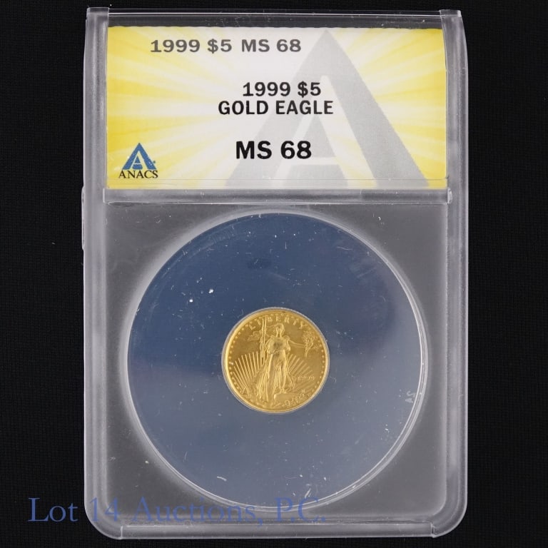 1999 (P) US $5 Gold Eagle Bullion (ANACS MS68): 1999 (P) United States 91.67% $5 gold eagle 1/10 oz. Designer (obverse) Augustus Saint-Gaudens and (reverse) Miley Busiek and Jennie Norris. ANACS graded MS68. Metal is 91.67% gold and weighs 3.393 gr
