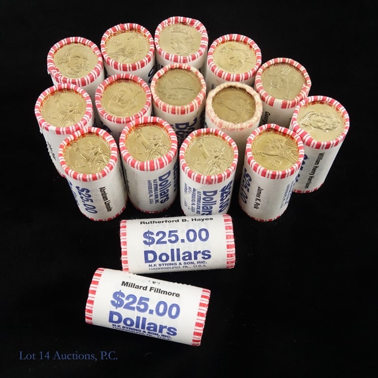 US Presidential $1 Coin Rolls (16): Sixteen (16) United States presidential dollar 25-coin rolls wrapped and labeled by N. F. String & Sons, Inc Harrisburg, PA. Estimated face value is $400. Former U.S. presidents are honored on this se