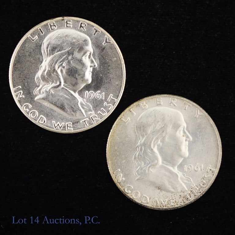1961 P & D US Silver Franklin 50c (*CH BU), 2: Two (2) United States 90%-silver Franklin half dollars. *Per consigner, both fully original in CH to GEM BU condition as follows: ---1961 (P) CH BU; and ---1961-D GEM BU slight toning. *** Lot 14 Auct