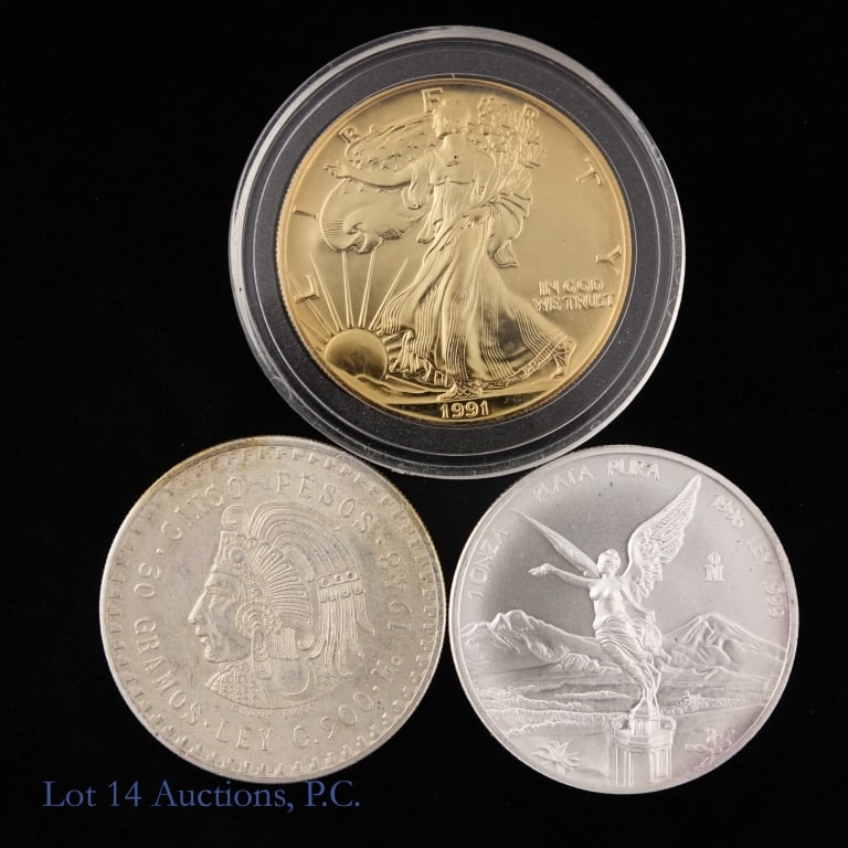 Mexico & US Silver Bullion Coins (3): Three (3) Mexico and United States silver bullion coins as follows: ---1948 Mexico one pesos 90% silver (ASW 0.8681ozt); ---1991 American silver eagle (gold plated). Weighs 31.43 grams and silver cont