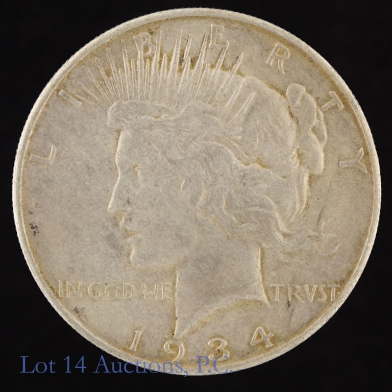 1934-D US 90%-Silver Peace Dollars (*XF+): 1934-D United States silver peace dollar (Denver Mint). *Per consigner, much tougher date in higher grades in solid XF+ condition. Greysheet notes: "one of the far scarcer dates minted in Denver with 