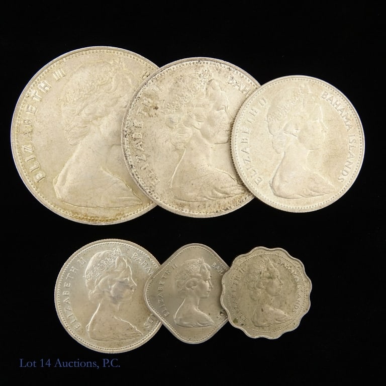 1966 Bahamas Silver / Clad Coins ASW +2.8 Ozt, 6: Six (6) 1966 Bahamas Queen Elizabeth II silver and clad 6-coin set (Royal Mint London Tower Hill) with estimated ASW of 2.872 troy ounces as follows: ---92.5% silver $5 coin (ASW: 1.2526 ozt.); ---92.