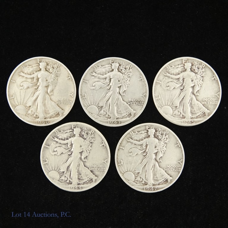 1943-1947 US 90%-Silver W/L 50c (ASW 1.8 Ozt.), 5: Five (5) United States 90%-silver walking liberty half dollars (Philadelphia Mint) as follows: ---1943, ---1944, ---1945, ---1946, and ---1947. Estimated ASW 1.8 troy ounces. *** Lot 14 Auctions is no