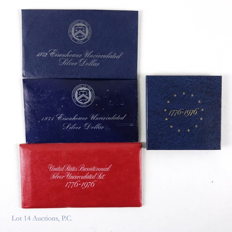 1971s - 1976s U.S. Mint 40%-Silver Coin Sets (4): Four (4) United States Mint 40%-silver coin sets in OGP as follows: ---1971-s silver uncirculated Eisenhower dollar in blue OGP; ---1972-s silver uncirculated Eisenhower dollar in blue OGP; ---1976-s 