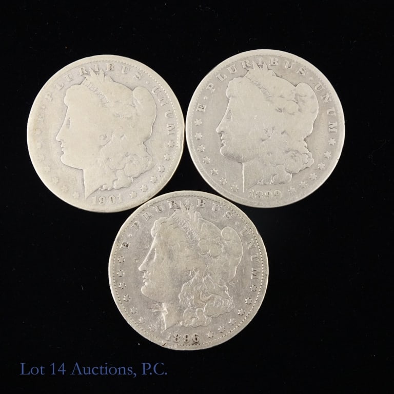 1896o, '99o & '01o Silver Morgan $1 ASW 2.2 Oz, 3: Three (3) United States 90%-silver Morgan dollars (New Orleans Mint) as follows: ---1896-o (damage), ---1899-o, and ---1901-o. Silver content confirmed on Lot 14 Auctions electronic metal verifier and