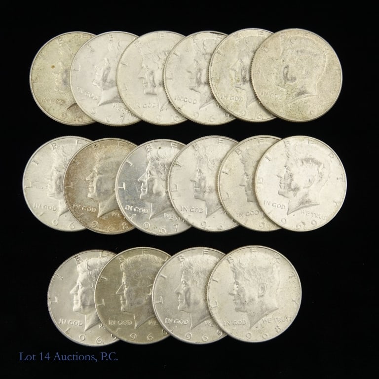 US 40%-Silver Kennedy Half Dollars (16): Sixteen (16) United States silver Kennedy half dollars. Metal is 40%-silver. Lot estimated ASW is 2.366 ozt. *** Lot 14 Auctions is not a professional numismatic grading agency. Consigner information 