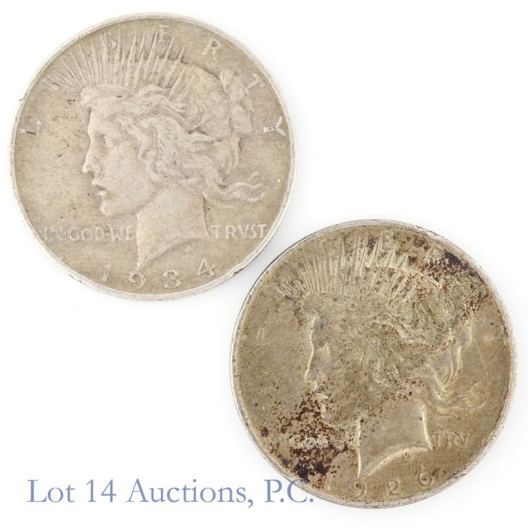 1926-D & 1934-D US Silver Peace $1, 2: Two (2) United States 90%-silver peace dollars (Denver Mint) as follows: ---1926-D (mintage 2,348,700); and ---1934-D (mintage 1,569,500). Greysheet note: "The 1934-D is one of the far scarcer dates m