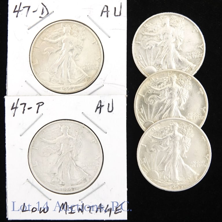1940 - 1947 US 90%-Silver W/L 50c (5): Five (5) United States silver walking liberty half dollars (Philadelphia, Denver, San Francisco Mints) with consigner condition information as follows: ---1940 (P) (Gem BU); ---1943-D (Gem BU); ---194