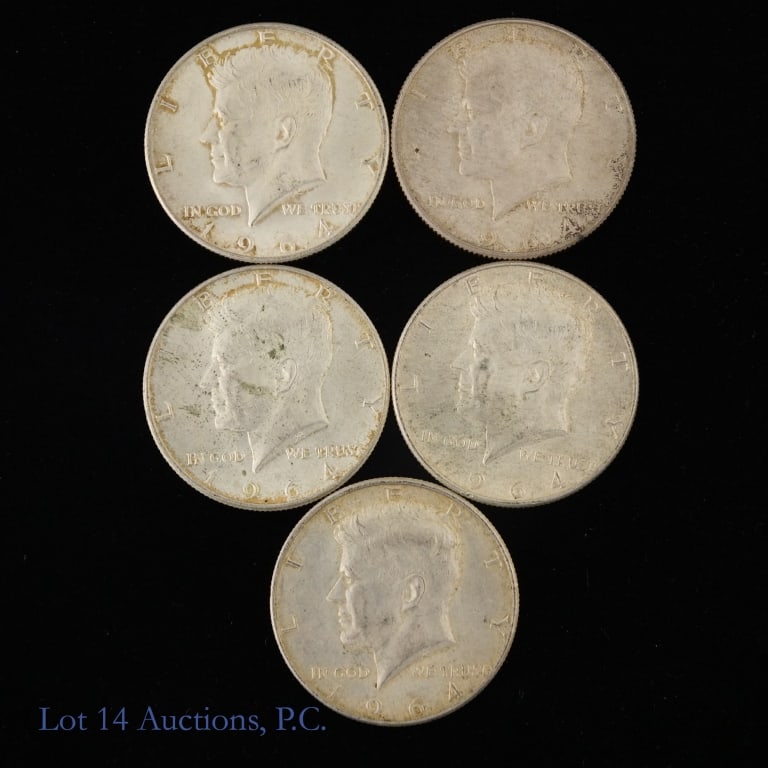 1964-D US 90%-Silver Kennedy 50c (ASW 1.8 Oz), 5: Five (5) 1964-D United States silver Kennedy half dollars (Denver Mint). Metal is 90% silver. Lot estimated actual silver weight is 1.8 troy ounces. *** Lot 14 Auctions is not a professional numismati