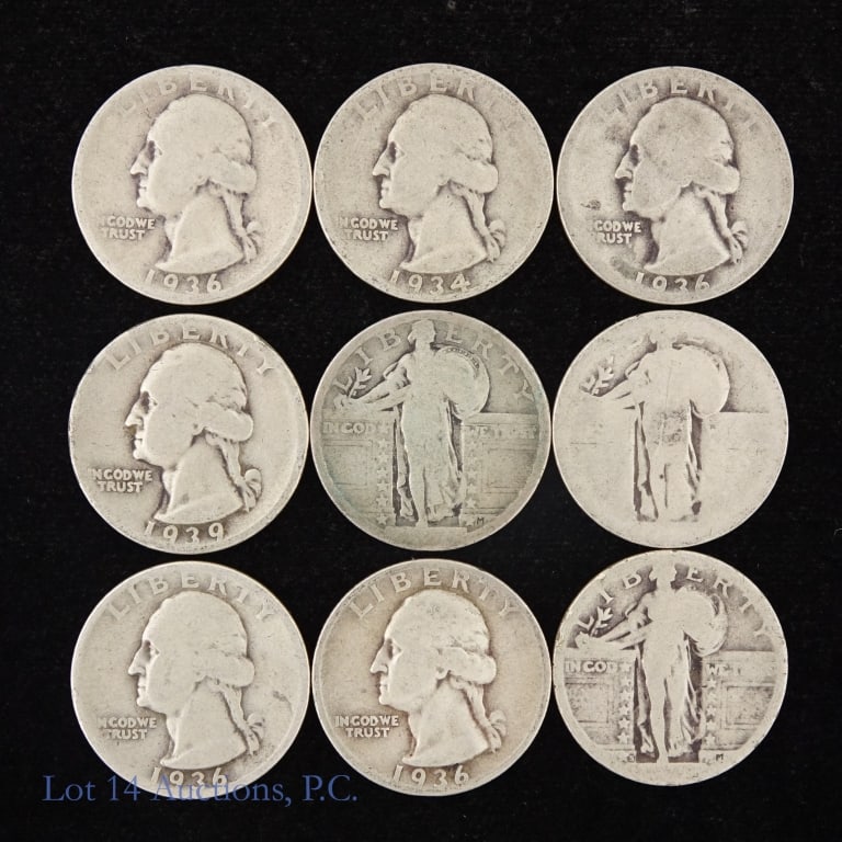 US 90%-Silver Wash. & Standing Liberty Quarters, 9 (1 of 3)