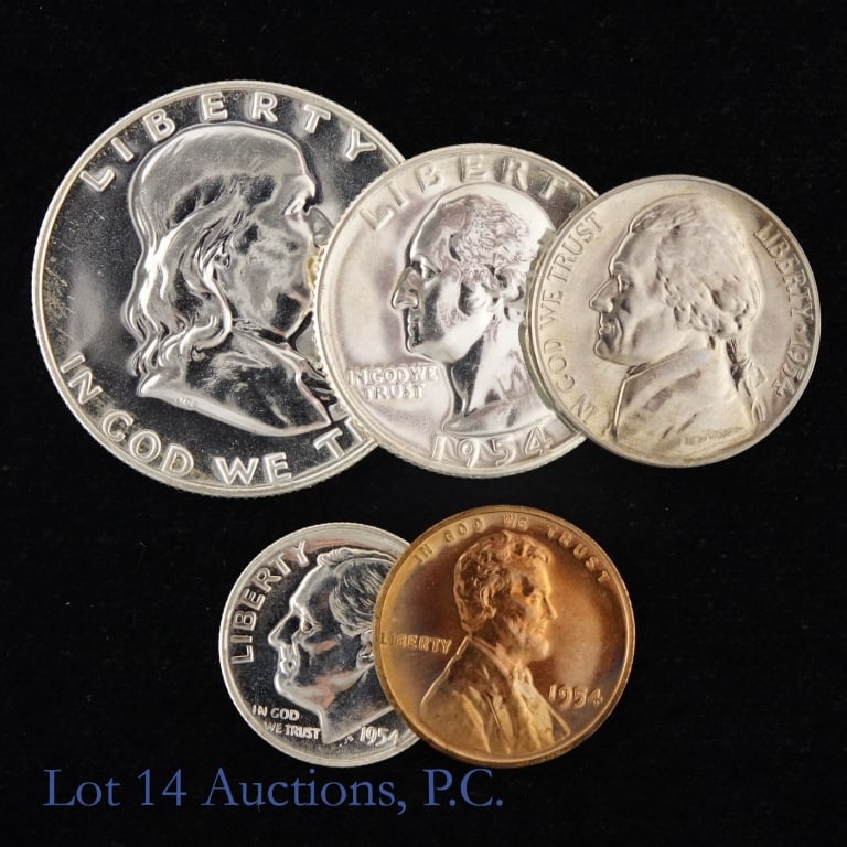 1954 US Silver Proof 5-Coin Set (In Flips): 1954 United States silver 5-coin proof set (Philadelphia Mint) in flips for added protection. Per consigner, fully original in flips for added protection. Half dollar, quarter and dime metal is 90% si