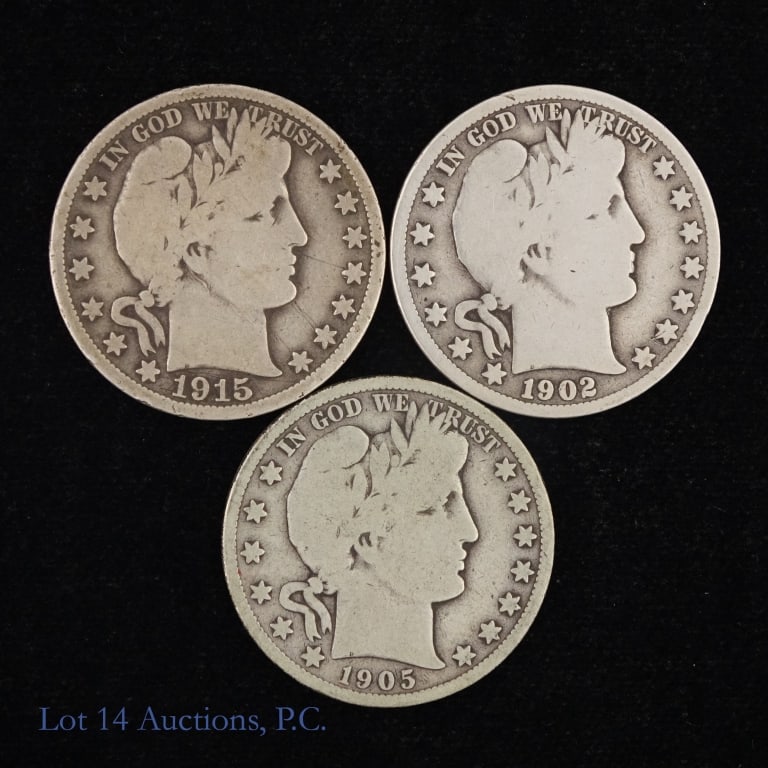 1902s, 1905s & 1915s US Silver Barber 50s, 3: Three (3) United States silver Barber half dollars (San Francisco Mint). Per consigner, all have full rims. Metal 90%-silver with estimated ASW of 1 troy ounce. Dates, mintages and PCGS survival estim