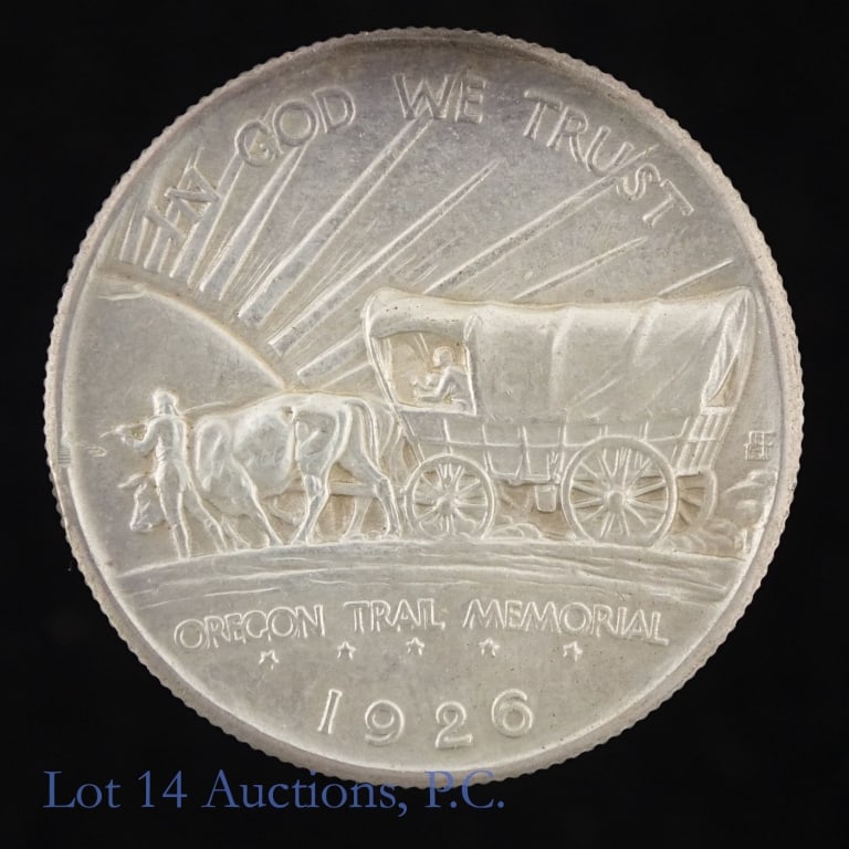 1926 (P) US Silver Oregon Trail Comm. 50c: 1926 United States 90%-silver Oregon Trail commemorative half dollar (Philadelphia Mint). Designed by Laura Gardin Fraser and James Earle Fraser. Per Greysheet: ..." the Oregon half dollar is largely 