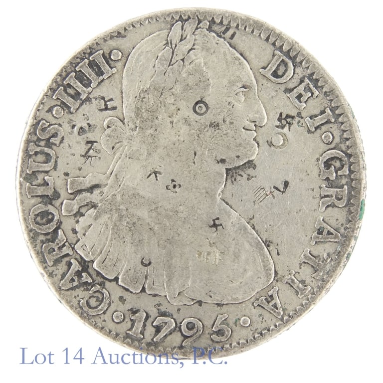1795 Mexico Spanish Colony Silver 8 Reales: 1795 Mexico SPANISH COLONY Charles IIII (IV) silver 8 Reales (Mexican Mint - Casa de Moneda de M?xico) with chopmarks on obverse. Metal is 89.60% silver, weights 27.0674 grams (ASW: 0.7797oz) edge wit