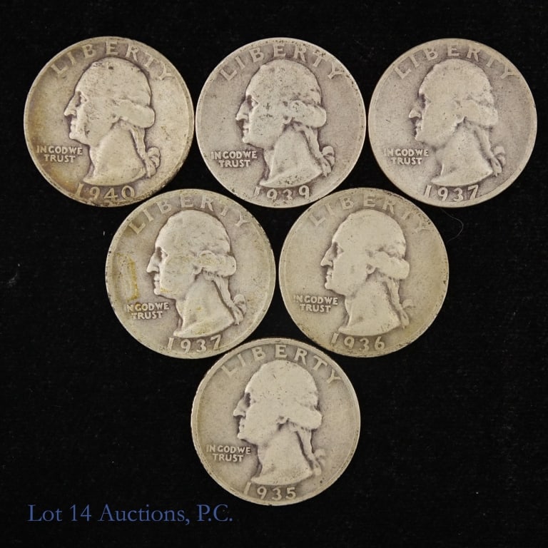 1935 - 1940 US Silver Wash 25c - Better Dates, 6: Six (6) United States silver Washington quarters (Denver, San Francisco Mints). Per consigner, better dates and all range from good to VF condition as follows: ---1935-D (m 5.78 million); ---1936-S (m