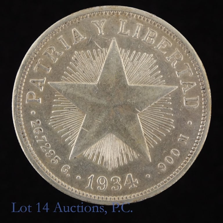 1934 Cuba 90%-Silver 1 Peso (ASW 0.77 Ozt.): 1934 Cuba silver one peso coin (Philadelphia Mint). Engraver is Charles Edward Barber. Metal 90% silver weighs 26.7295 grams (ASW 0.7734 ozt). *** Lot 14 Auctions is not a professional numismatic grad