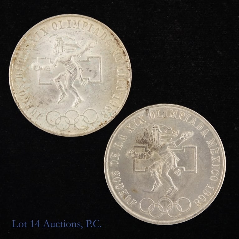 1968 Mexico Silver Olympic 25 Pesos (*CH BU) -2: Two (2) 1968 Mexico silver Olympic 25 pesos coins (Casa de Moneda de M?xico). *Per consigner, in CH BU condition. Metal is 72% silver and estimated lot ASW 1.0416 ozt. *** Lot 14 Auctions is not a pro