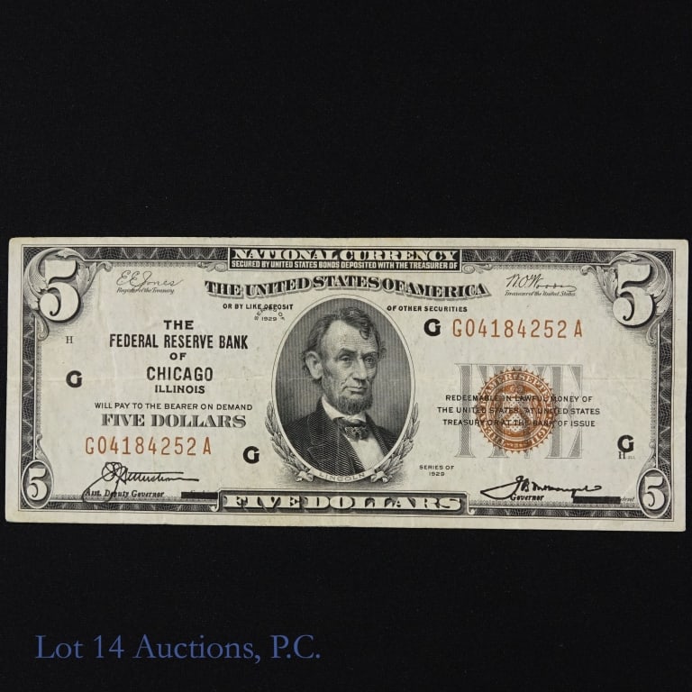 1929 US $5 Fed Reserve Bank Note Brown Seal (AU+): (F-1850G) series 1929 United States $5 Federal Reserve Bank note - brown seal (Chicago) s/n G-04184252-A. Per consigner, grades Choice AU. Printed 5,988,000. Greysheet estimated value at AU-58 is $95.