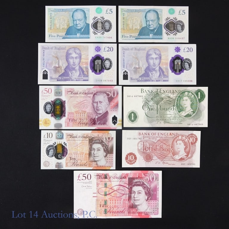 Various Great Britain Currencies (CU), 18: Eighteen (18) Great Britain currencies with face value over 290 English pounds (+$390 USD), per consigner, in CU condition as follows: ---Bank of England notes: --10 shilling, --1 pound, --5 pound (2)