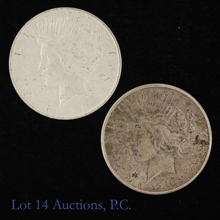 1922 (P) & 1923-S US 90%-Silver Peace $1, 2: Two (2) United States silver peace dollars (Philadelphia, San Francisco Mints) as follows: ---1922 (P) $1 (weighs 26.77 ozt); and ---1923-S $1 (weighs 26.63 ozt.). Silver content confirmed on Lot 14 A