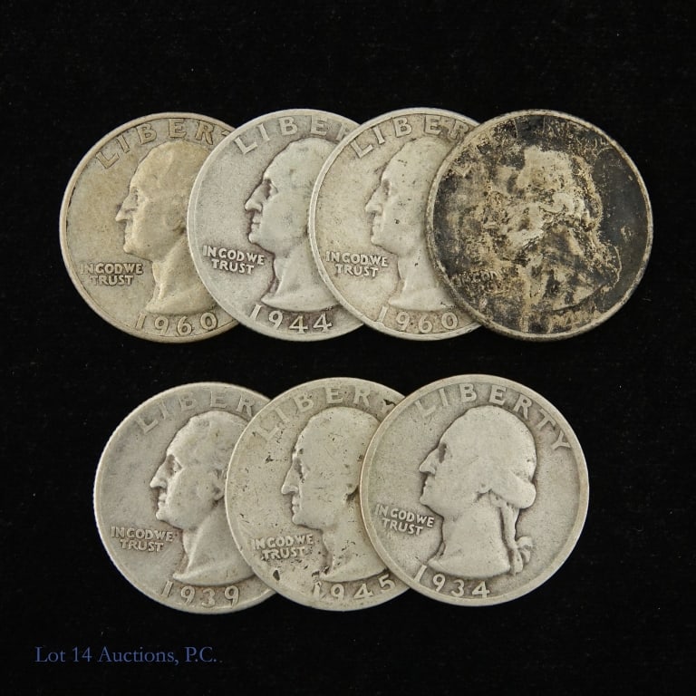US 90%-Silver Washington Quarters (7): Seven (7) United States 90%-silver Washington quarters (Denver, San Francisco Mints) as follows: ---1934-D; ---1939-D; ---1944-D; ---1945-S; ---1947-D; and ---1960-D (2). Estimated actual silver weigh