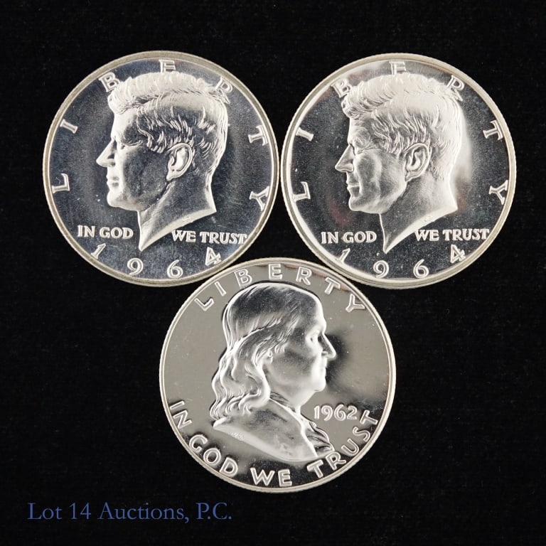 1962 & 1964 US 90%-Silver Half Dollars, 3: Three (3) United States 90%-silver half dollars (Philadelphia Mint). Per consigner, in GEM PROOF condition pulled from original proof sets. Details as follows: ---1962 Franklin 50c; and ---1964 silver