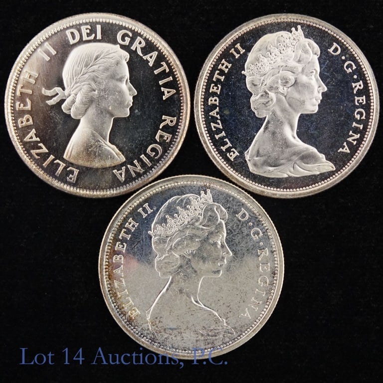 1963 - 1966 Canada Silver 50c (*GEM P/L BU), 3: Three (3) Canada 80%-silver 50 cent coins (Royal Canadian Mint). Per consigner, in GEM P/L BU condition. Metal is .300 ozt. each. Dates as follows: ---1963; ---1965; and ---1966. *** Lot 14 Auctions i