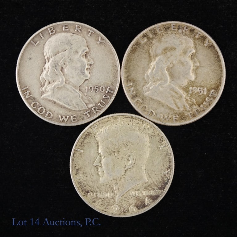 1950, 1951 & 1964 US 90% Silver 50c, 3: Three (3) United States 90%-silver half dollars (Philadelphia Mint) as follows: ---1950 Franklin 50c; ---1951 Franklin 50c; and ---1964 Kennedy 50c. ASW +1 ozt. *** Lot 14 Auctions is not a profession